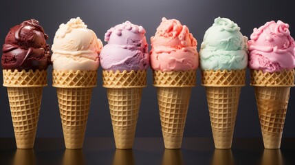 Ice cream scoop on waffle cone. Many assorted different flavour Mockup template for artwork design