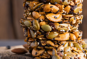 Healthy sweet dessert snack. Cereal granola bar with nuts