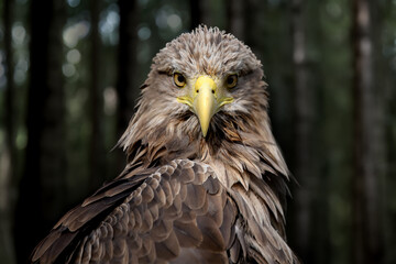 Close White-tailed eagle portrait in dark forest