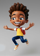 cute cheerful student boy jumping cartoon character kid children school education hand draw 3d