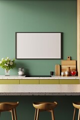 Mock up poster frame in kitchen interior with green wall background, Generative AI