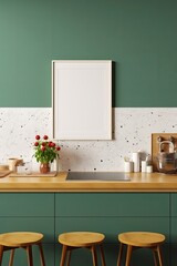 Mock up poster frame in kitchen interior with green wall background, Generative AI