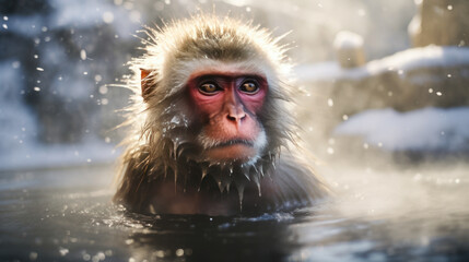 The monkey in the onsen with snowy - obrazy, fototapety, plakaty