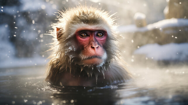 The monkey in the onsen with snowy