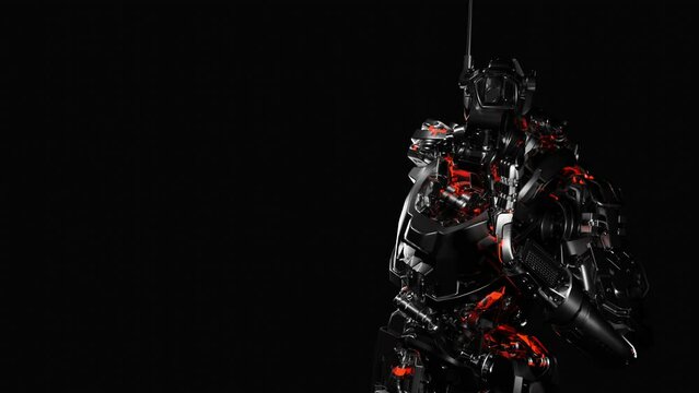 the android robot speaks a secret with a gesture, in a whisper, black background, 3d render