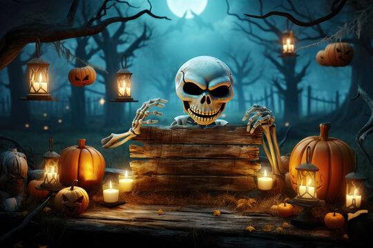 Halloween Day  , Skeleton and Pumpkins in graveyard at full moon night , Holiday event halloween banner background concept , Created with Generative Ai Technology