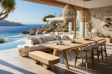 The interior of the dining room is on the terrace of a modern and luxurious house with sea and sky views with warm sunshine in contemporary villa style.