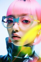 Fototapeta premium A whimsical cartoon of a woman wearing glasses and sporting vibrant pink hair with bangs, pouting her bright lips in an alluring fashion, invites the viewer to explore her unique sense of style