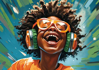 Foto op Plexiglas A painting of a smiling person wearing orange glasses and headphones radiates joy and creative expression, inviting the viewer to be a part of the art © Glittering Humanity