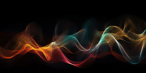 Fototapeta premium Wave lines trails flowing dynamic in diverse colors isolated on black background. digital and communication concept - Generative AI