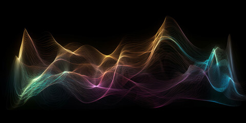Wave lines trails flowing dynamic in diverse colors isolated on black background. digital and communication concept - Generative AI