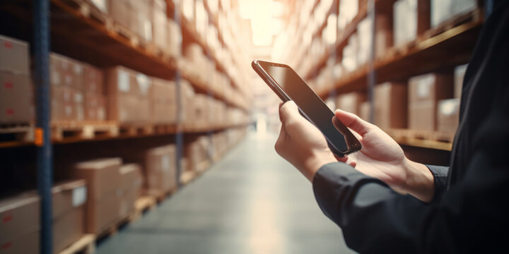 Worker using application smartphone checking and control on global logistics network distribution - Generative AI