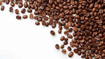 A closeup shot of freshly roasted coffee beans scattered on a clean, white background, highlighting the rich, dark brown texture and shine of the beans. Generative AI