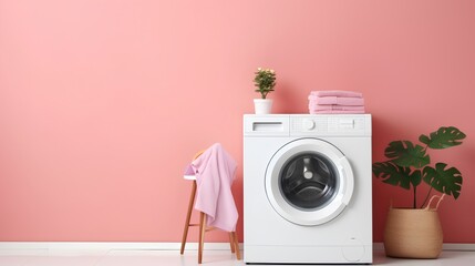 The concept of home cleaning, featuring a modern washing machine surrounded by various cleaning products. The image has ample copy space for customization. Generative AI