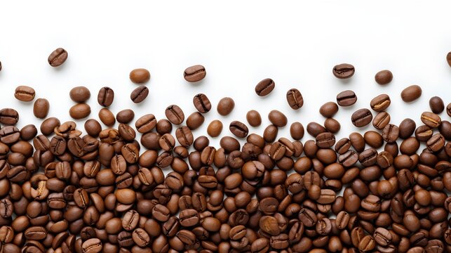 A closeup shot of freshly roasted coffee beans scattered on a clean, white background, highlighting the rich, dark brown texture and shine of the beans. Generative AI © TensorSpark