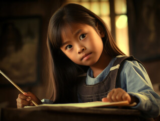 Fototapeta na wymiar Asian girl draws with a pencil at a lesson in the classroom