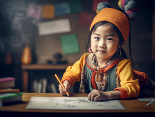 Asian girl draws with a pencil at a lesson in the classroom