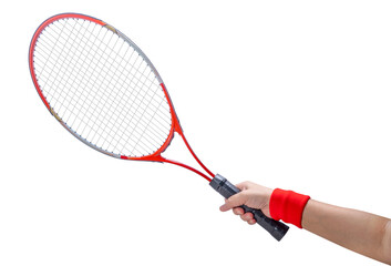 Sport equipment ,Woman Hand holding Red Tennis racket  isolated On White background With work path.