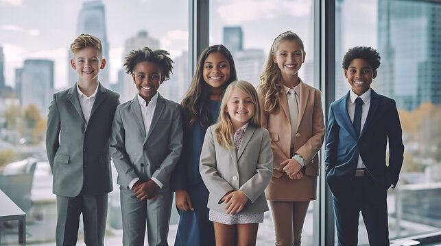 Portrait of successful creative business team looking at camera and smiling. Diverse business people standing together at startup. Group of young business boys and girls. Generative AI.
