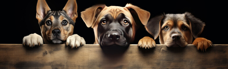 Banner for the animal shelter website. Three puppies of different breeds of dogs behind a wooden stand on a black dark background. - obrazy, fototapety, plakaty