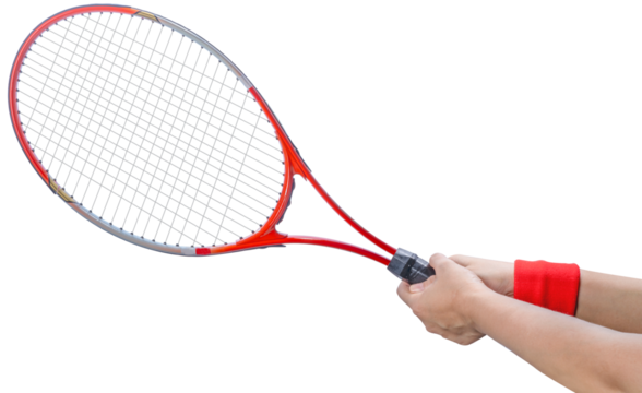 Sport equipment ,Woman Hand holding Red Tennis racket  isolated On White background PNG File.