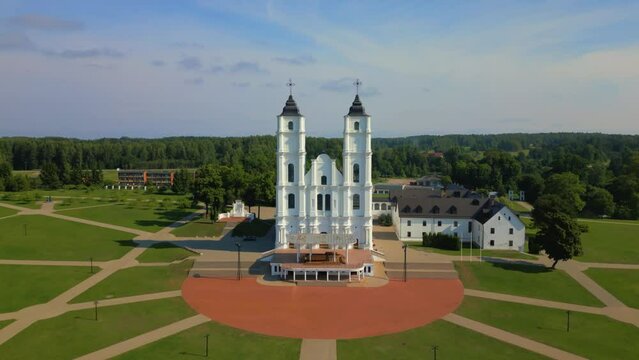 Aglona Roman Catholic Basilica of the Assumption lift up aerial part 2