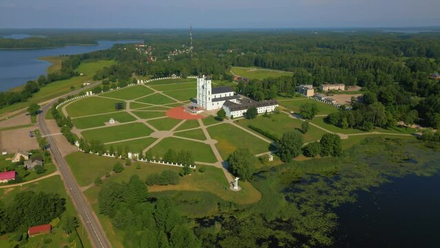 Aglona Basilica on a summer day between lakes and fields