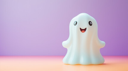 A kind and funny ghost on a soft lilac pastel background. Smiling cartoon character.