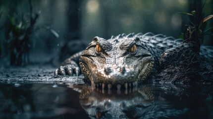 Alligator close-up at the moment of hunting - obrazy, fototapety, plakaty