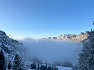 Fototapeta na wymiar Almaty - View from the mountains above clouds