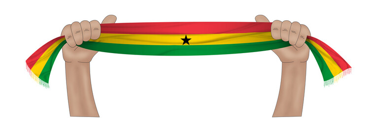 3D illustration. Hand holding flag of Ghana on a fabric ribbon background.