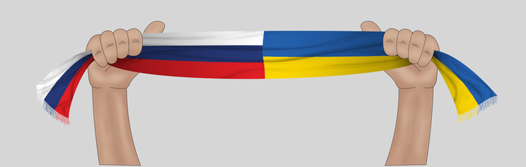3D illustration. Hand holding flag of Russia and Ukraine on a fabric ribbon background.