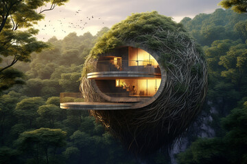 house shaped like a bird's nest 3d rendering - obrazy, fototapety, plakaty