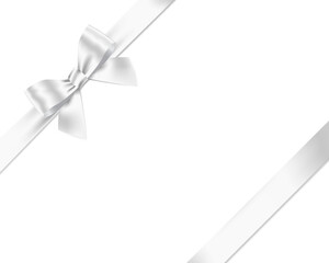 White Ribbon Bow Realistic shiny satin with shadow place on corner of paper for decorate your wedding invitation card ,greeting card , certificate, vector EPS10 isolated on transparent background.