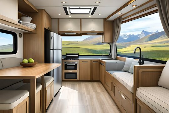 cozy kitchen interior in the trailer of mobile home or recreational vehicle, concept of family local travel in camping life