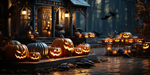 Halloween lantern with pumpkin head and decorations near the house. Night view of the house with Halloween decoration. halloween background