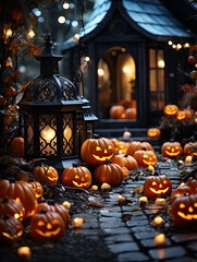 Obraz premium Halloween lantern with pumpkin head and decorations near the house. Halloween background