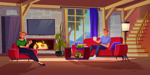 Home fireplace in living room interior with couple vector background. Man sitting on cozy sofa. Woman in armchair near burning fire in chalet livingroom. Scandinavian palace with mountain view