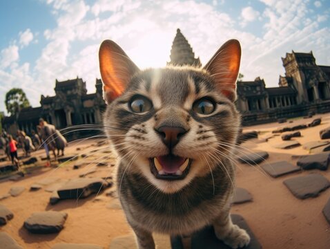 A cute and happy cat smiles while taking a selfie in front of Angkor Wat in Cambodia