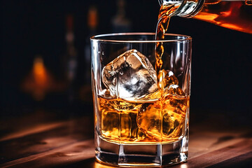 The bartender pours whiskey into a glass with ice on the bar counter. close-up. Blurred background. Elite alcoholic drink.