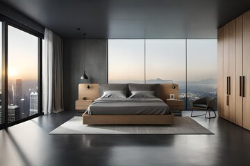 Obraz premium Dark home bedroom interior with bed and nightstand with decoration, side view grey concrete floor. Sleeping corner in modern apartment with panoramic window. rendering
