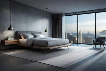 Dark home bedroom interior with bed and nightstand with decoration, side view grey concrete floor. Sleeping corner in modern apartment with panoramic window.  rendering