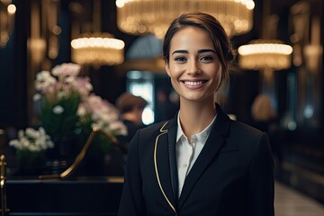 smiling female concierge warmly welcoming guests at a luxurious five star hotel (Generative AI)