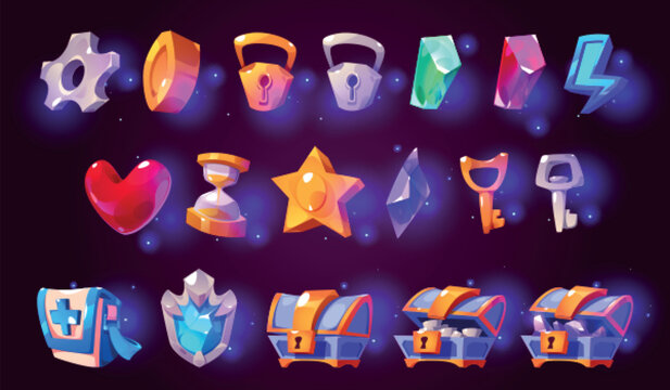 Casino ui game icon set with chest, coin and heart. Cartoon vector magic kit for online mobile app store interface with hourglass, lightning, flask and star. Glow loot object collection for winner.