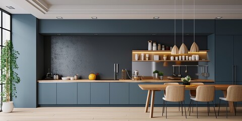 Modern style kitchen interior design with dark blue wall,dining room interior design, Generative AI - obrazy, fototapety, plakaty