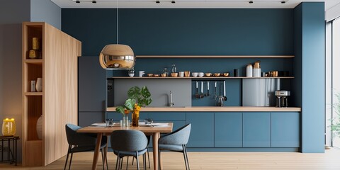 Modern style kitchen interior design with dark blue wall,dining room interior design, Generative AI