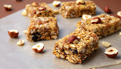 Granola bar with hazelnut cream, sweet sugary snack, sweetness and aromas of Apple Pie, selective focus of delicious candy of mixed granola and hazelnut