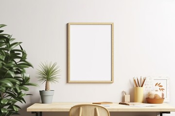Poster mockup with vertical white frame in working room interior background, Generative AI