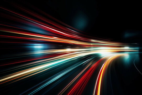 Vector image of colorful light trails with motion blur effect, long time exposure. Isolated on background, wallpaper , Futuristic technology