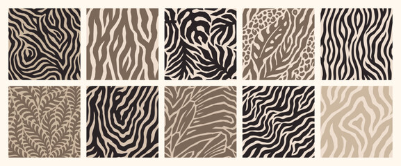 Abstract Zebra and Floral Tropical Seamless Patterns Set in Neutral Beige Colors. Vector Palm Leaves and Zebra Print - 638283135